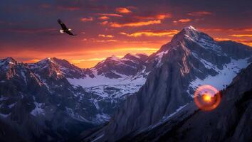 Eagle Flying Over Snowy Mountain Range at Sunset with Dramatic Sky photo