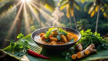 Serving Hot Curry Dish with Turmeric, Chili Pepper, and Cilantro photo