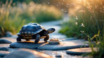 Turtle Approaching Cookie on Stone Path with Birds in Flight photo