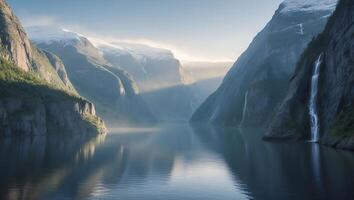 Still Lake Surrounded by Majestic Mountains with Cascading Waterfalls photo