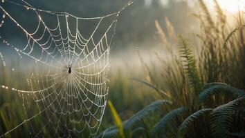 Spider Web Glistening with Dew in a Dewy Field at Sunrise photo