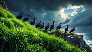 Birds Standing on Coastal Cliff Edge Overlooking the Ocean Horizon photo