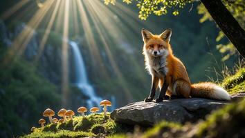 Fox Sitting on Rock with Waterfall and Sunbeams in Background photo