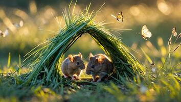 Two Field Mice Under Grass Shelter with Butterflies in Meadow photo