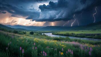 Lightning Strikes Over Meadow with Flowers and River in Green Valley photo