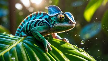 Chameleon Resting on Lush Green Leaf with Water Droplets photo