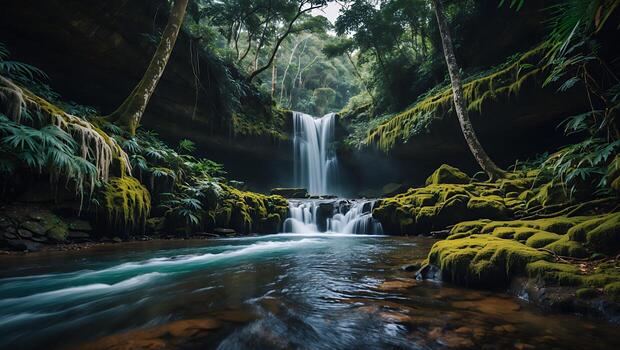 Waterfall Cascading in Lush Green Forest with Flowing River photo