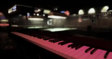 CGI A close up view of piano keys set in a dimly lit jazz club atmosphere video