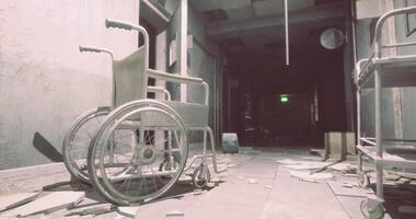 CGI Abandoned hospital hallway with empty wheelchairs and scattered debris video
