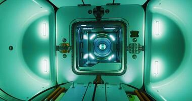 CGI Futuristic interior of a sci fi space pod with illuminated technology video