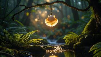 Glowing Seashell Hanging Above Forest Stream with Ferns and Moss photo