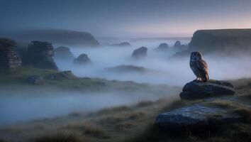 Owl Perched on Rock in Misty Landscape at Dusk photo