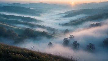 Misty Valley Landscape with Fog Covering Rolling Hills at Sunrise photo
