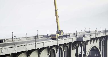 CGI Construction activity on a bridge under overcast sky with crane video
