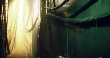 CGI Exploring a dimly lit corridor with wires and shadows in a mysterious setting video