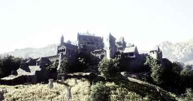 CGI Medieval castle overlooking a rugged hillside with surrounding vegetation video