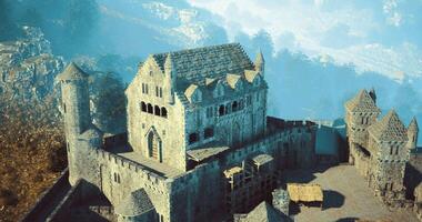 CGI Castle structure with medieval architecture surrounded by mountains and forest video
