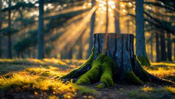 Mossy Tree Stump in Forest at Sunset with Golden Light Rays photo