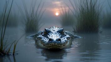 Alligator Emerging in Misty Swamp at Dusk with Glowing Sunlight photo