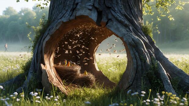 Bird Nest Inside Hollow Tree Trunk Surrounded by Meadow Flowers photo