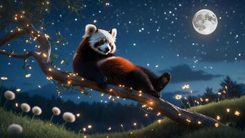Red Panda Relaxing on Tree Branch Under Starry Night Sky photo