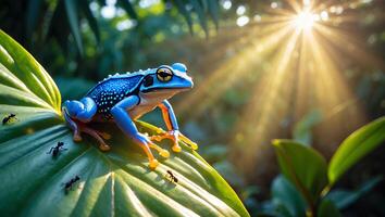 Frog Resting on a Leaf Bathed in Sunlight with Nearby Ants photo