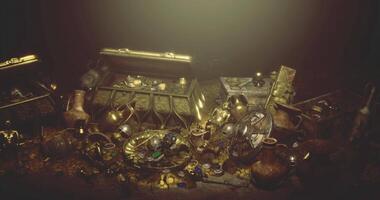 CGI Treasures and relics displayed in dark cavernous environment video