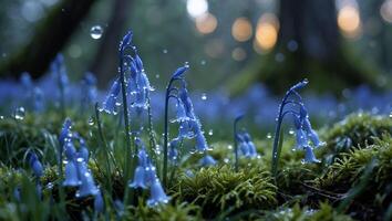 Bluebells Blooming in Forest with Dewdrops and Soft Background Lighting photo