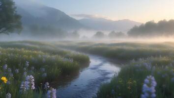 Stream Flowing Through Misty Meadow with Wildflowers and Distant Mountains photo