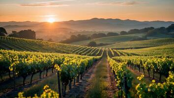 Vineyard Rows at Sunrise with Foggy Hills and Warm Light photo