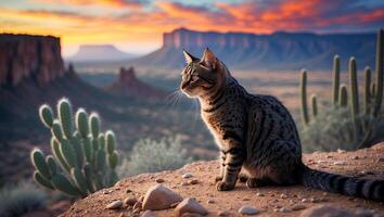 Cat Sitting on Desert Hillside Overlooking Canyon at Sunset photo