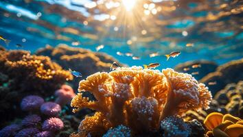 Coral Reef Underwater Habitat with Fish and Sunlight Streaming Through photo