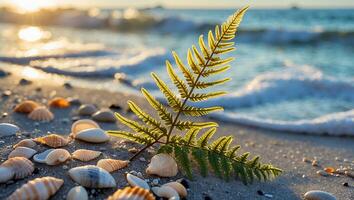 Fern and Seashells on Sandy Beach with Ocean Waves at Sunset photo