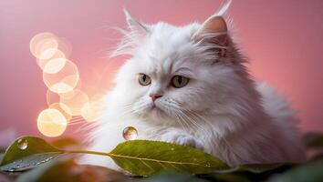 White Cat Resting Among Leaves with Dew Drops and Bokeh Lights photo