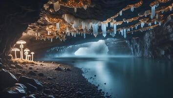 Exploring a Mystical Cave with Glowing Mushrooms and Still Water photo