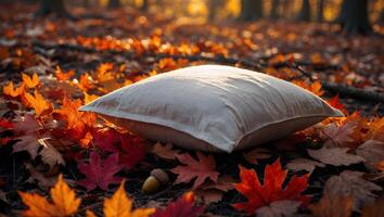 Pillow Resting on Colorful Autumn Leaves in a Woodland Setting photo