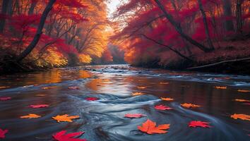 River Flowing Through Autumn Forest with Colorful Leaves and Reflections photo