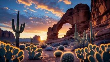 Exploring Desert Landscape with Cacti and Rock Arch at Sunset photo