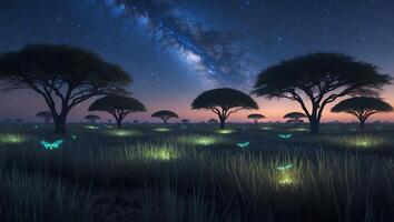 Tranquil Grassy Field with Trees Under a Starry Night Sky photo
