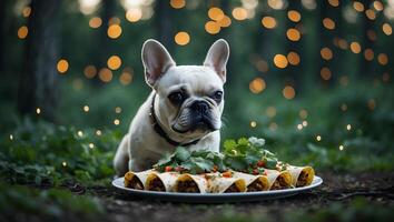 Dog Sitting Near Enchiladas on Plate in Magical Forest Setting photo