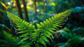 Fern Frond with Water Droplets in a Lush Green Forest Setting photo