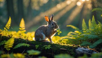 Rabbit Eating Clover in Forest with Sunlight Streaming Through Trees photo