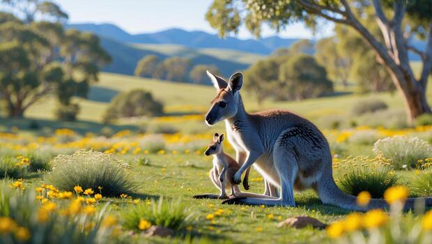 Kangaroo with Joey Standing in a Sunny Meadow with Yellow Flowers photo