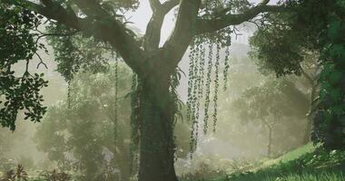 CGI Lush green tree with vines in misty forest during early morning video