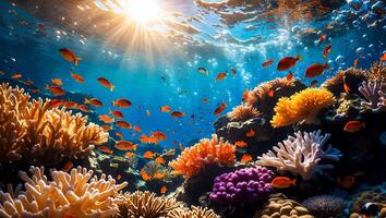 Colorful Coral Reef Underwater Scene with Sunlight and School of Fish photo