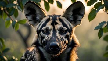 African Wild Dog Stares Intently Surrounded by Green Foliage in Sunlight photo