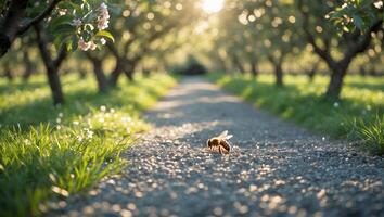 Bee Pollinating in Orchard at Sunset with Sunlight on Path photo