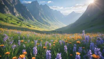 Wildflower Meadow in Mountain Valley with Sunlight and Lush Greenery photo