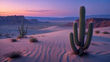 Cactus in Desert Landscape at Dusk with Mountain Backdrop photo