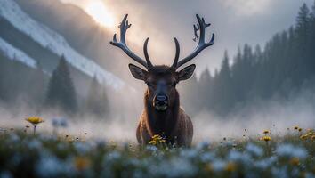 Majestic Deer Standing in Meadow with Antlers Against Mountain Backdrop photo